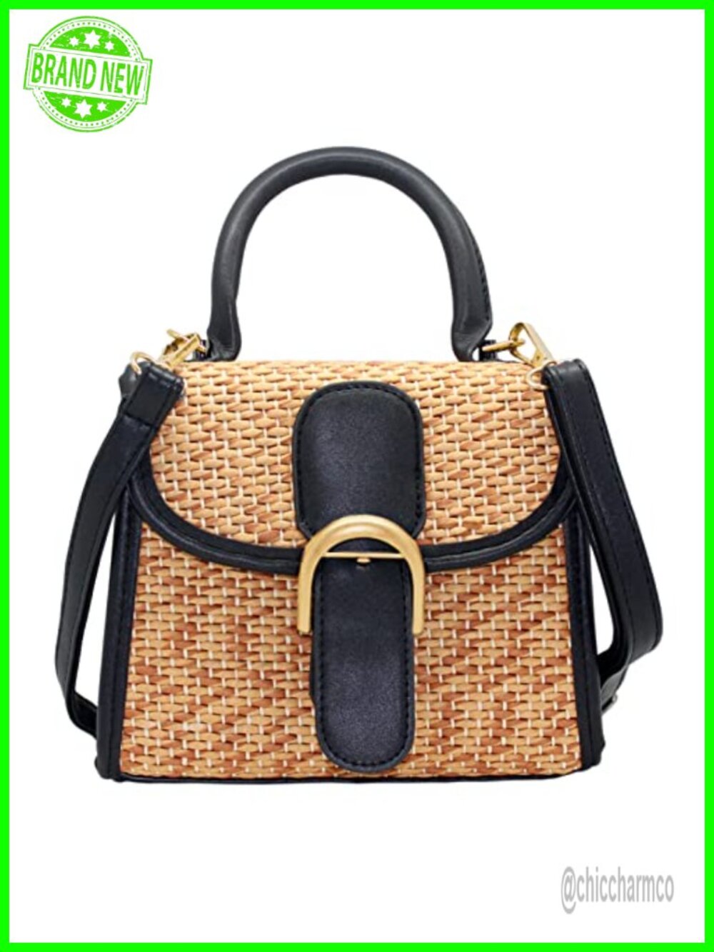 Straw Woven Satchel Crossbody Bag PU Leather Removable Strap Small